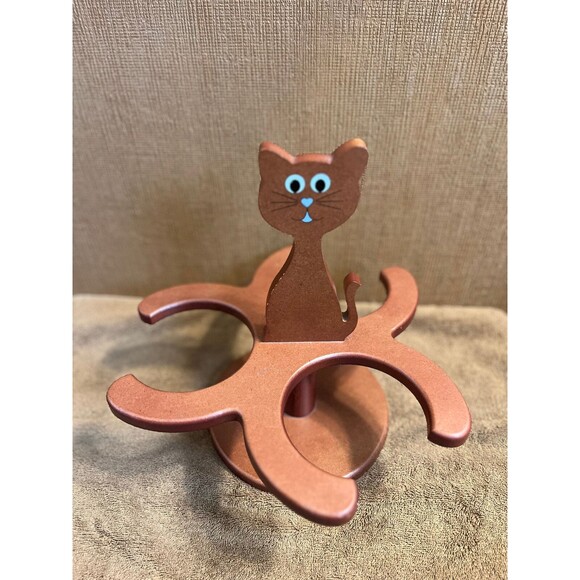 Cat-Shaped Wood 3-Bowl Holder Feeder Stand - Picture 1 of 3